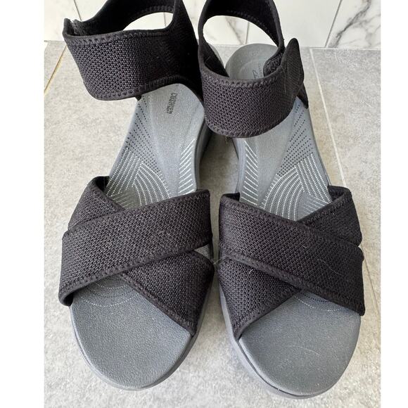 Clarks Collection Comfort Wedge Sandals Size 9.5 Black Velcro Stretch Straps - Picture 1 of 7